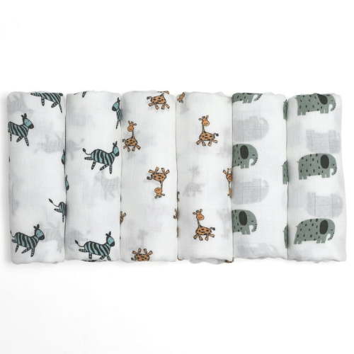 Gllquen Baby Muslin Swaddle Blankets 6-Pack, Soft Receiving Swaddles, Breathable Unisex for Newborns Infant Boys and Girls, 27 X 27", Elephant and Giraffe