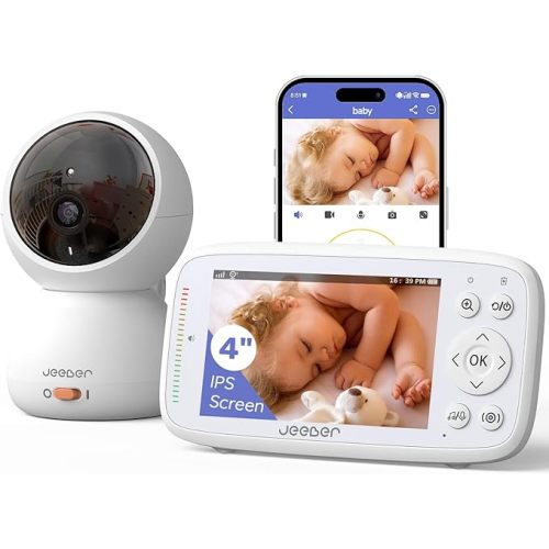 1080P WiFi Baby Monitor with Camera and Audio, Pan-Tilt-Zoom Video Camera, 4'' IPS Screen, HD Night Vision, Motion & Cry Detection, 360° View, Temperature Sensor, Feeding Reminder, Lullabies