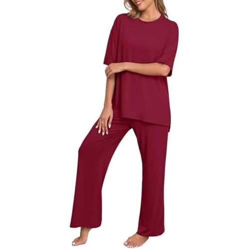 PrinStory Womens Pajamas Sets 2 Piece Lounge Set Short Sleeve Tops and Long Pants Soft Pjs Loungewear with Pockets