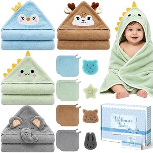 16 PCS Baby Bath Towels Set for Infants Toddlers,4 PCS Toddlers Hooded Baby Towels & Bath Sponge,8 PCS Washcloths for Baby Shower, Boys Girls Soft Absorbent Baby Bath Towels for Newborn Gifts