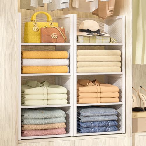 4-Tier Stackable Closet Organizers and Storage Basket, Wire Clothes Shelf Organizer Bins, Sweater Storage for Wardrobe Cupboard, Multifunctional Cube Storage Box for Kitchen Bath Laundry Room, White