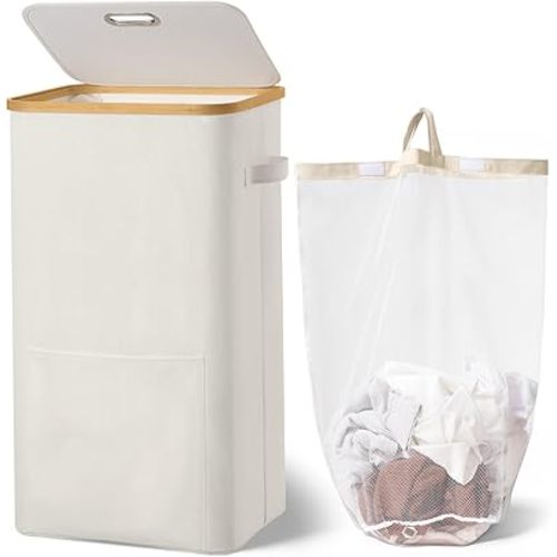 Laundry Basket with Lid,Collapsible Clothes Hampers for Laundry with Handles and Removable Inner Bag,Large Hamper with Internal Support for Laundry Room, Dorm and Bedroom,100L Beige