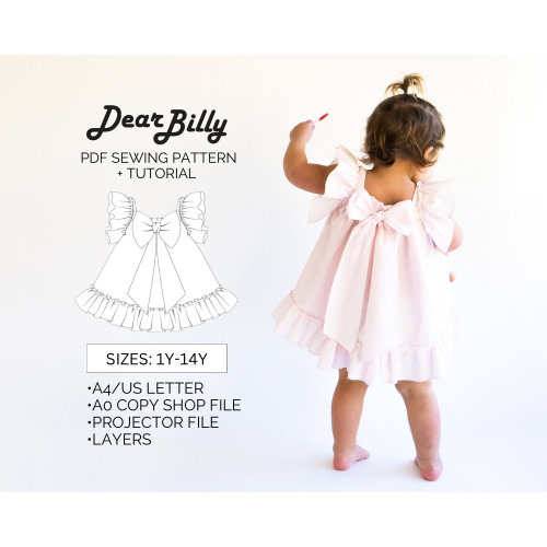 Girls Dress with Ruffles and Bow PDF Sewing Pattern 1Y-14Y