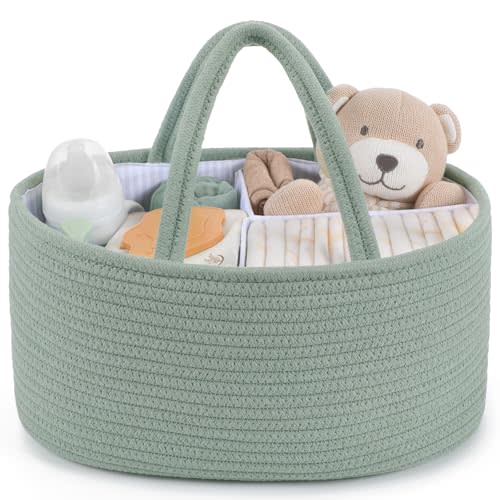 Maliton Diaper Caddy Organizer for Baby, Portable Diaper Storage Organizer for Changing Table and Car, Cotton Rope Nursery Storage Bin Basket for Baby Shower, Newborn Essentials Must Haves - Green