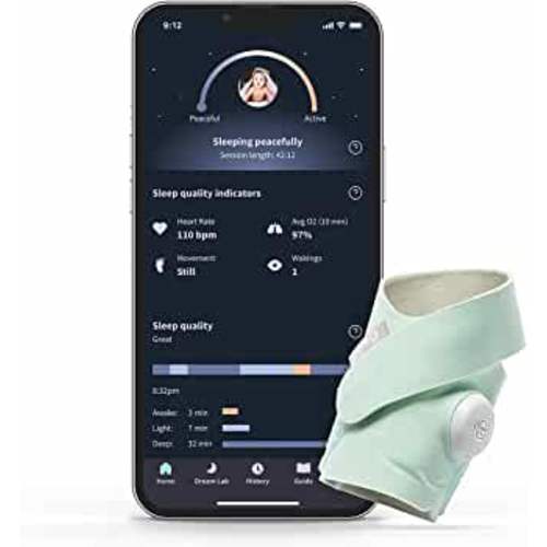 Owlet Dream Sock - Smart Baby Monitor - Foot Sensor to Track Heartbeat and Oxygen O2 Levels in Infants and Babies - Notifications for Night Wakings, Movement and Sleep State - Mint