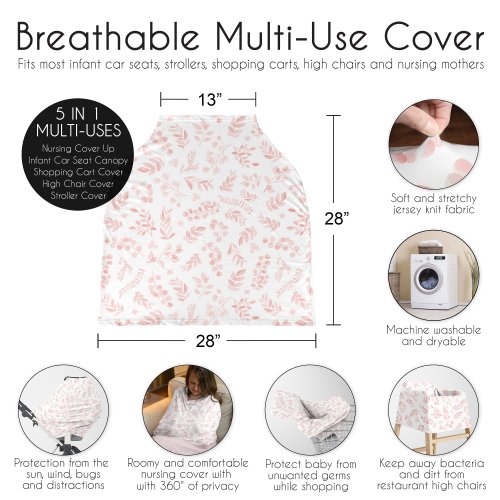 Sweet Jojo Designs Blush Pink White Floral Leaf Girl 5 in 1 Baby Car Seat Nursing Cover Boho Chic Bohemian Watercolor Woodland