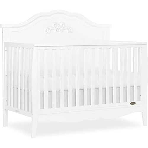SweetPea Baby Jasmine 4-in-1 Convertible Crib in White, 3 Mattress Height Settings, Greenguard Gold Certified, Metal Mattress Support, Solid New Zealand Pinewood