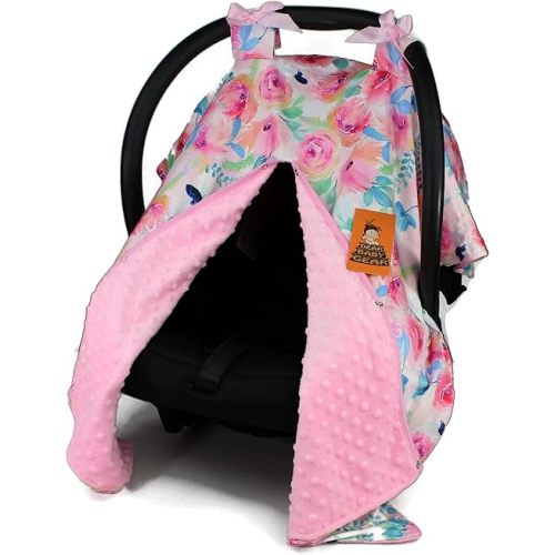 Dear Baby Gear Baby Car Seat Canopy Cover, Blue Butterflies Watercolor Flowers, Pink Minky