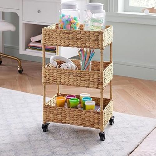 Straw Shelving 3 Tiers on Wheels, Hand Woven Floor Portable Laundry Room Organization, Tiered Basket Stand, Storage Cart for Living Room, Bedroom, Kitchen