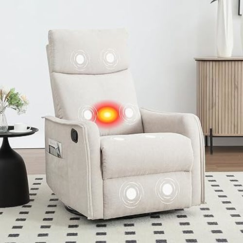 Massage Rocker Swivel Recliner Chair for Adults, Manual Recliner Glider with Lumbar Heating, Technical Flannel Fabric Nursery Glider Rocking Chair with Vibration Massage for Living Room - Beige