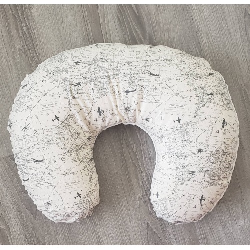 Airplane, gray and beige nursing pillow cover, aviation, minky, neutral color, gender neutral, nursing accessories, map, atlas, travel