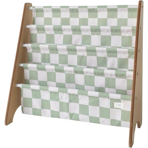 3 Sprouts Recycled Fabric Kids Bookshelf – 4-Tier Sling Book Rack Organizer - Nursery Room Playroom Classroom Wooden Book Shelves - Kid Bookcase Wood Storage Shelf for Toddler Age 3+ - Checkered Green