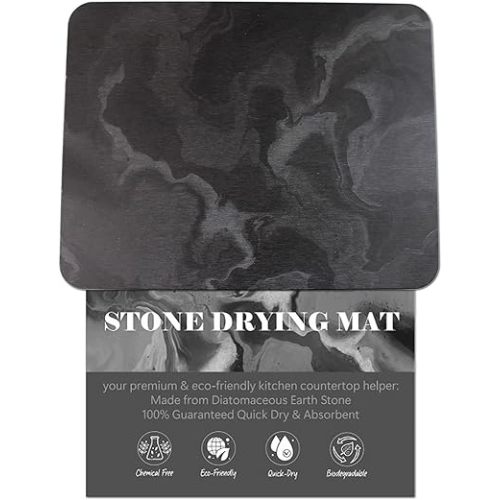Large Stone Drying Mat for Kitchen Counter, Water Absorbing Stone, Quick Dry Stone Mat Kitchen, Diatomaceous Earth Dish Drying Mat (17.7 x 13.8 Inch Black Marble Drying Mat)