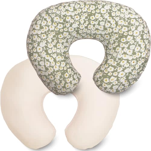 Teleamica 2 Pack Ultra Soft Nursing Pillow Covers for Baby Girl & Boy, Stretchy Boppy Compatible Cover for Breastfeeding Pillows, Easy to Use & Clean (Beige,Wild Floral)