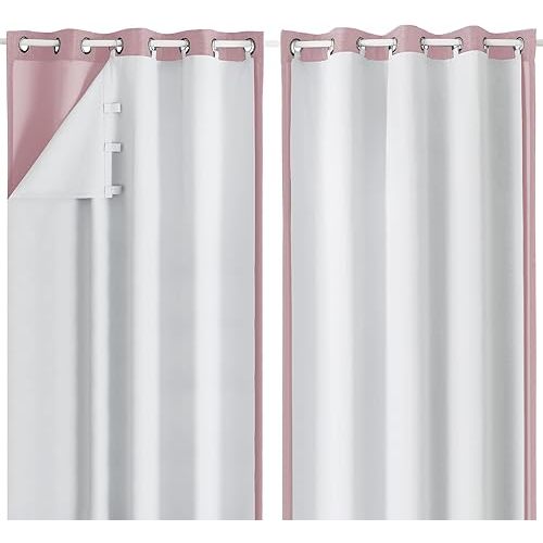 Simplebrand 100% Blackout Greyish White Curtain Liners 2 Panles, 100% Darkening Extra Long Blackout Curtain Liner for 108 Inch Living Room Curtain, 2 Liners Per Set with 18 Pieces Rings, 50W x 104" L