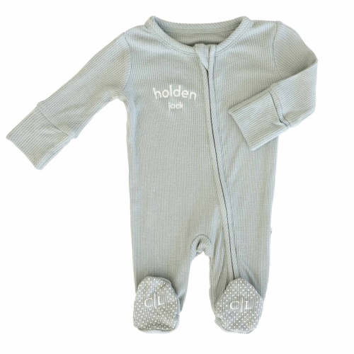 Embroidered Bamboo Waffle Zipper Footie | Seagrass