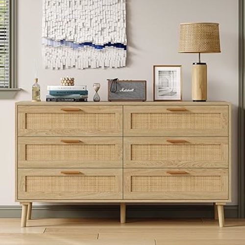 Furniouse 47.3" W 6 Drawer Rattan Dresser for Bedroom, Wood Chest of Drawers with Gold Handle, Natural Rattan Dresser for Living Room
