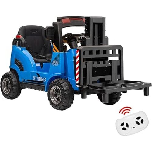 12V Kids Ride On Forklift Car, Electric Construction Car with Remote Control, Liftable Fork and Pallet, Low-Power Alarm, Music Ride On Toy for Kids, Blue