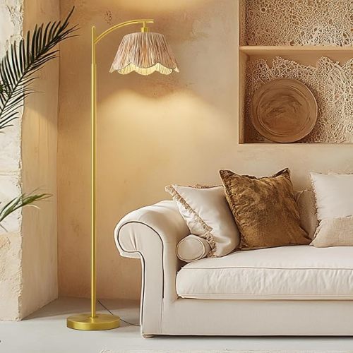 Oneach Arc Floor Lamp for Living Room,Rattan Boho Floor Lamp with Hand-Woven Shade, Foot Switch,Gold Metal Base & Pole,Farmhouse Standing Lamp for Bedroom Corner, Nuresry
