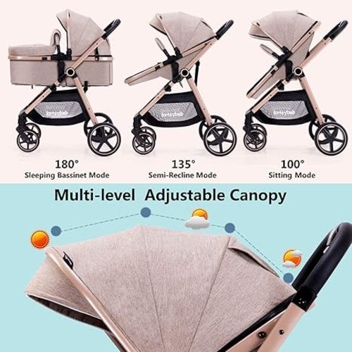 2-in-1 Baby Stroller with Bassinet Mode - Folding Infant Newborn Pram Stroller with Reversible Seat - Toddler Strollers for 0-36 Months Old Babies (Beige) - beige