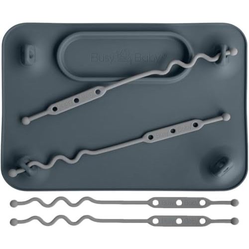 BUSY BABY Silicone Mat - New and Improved Suction Cups, 4 Straps to Secure Baby Essentials, Self Feeding, Baby Led Weaning, Travel Sleeve Included (Pewter)