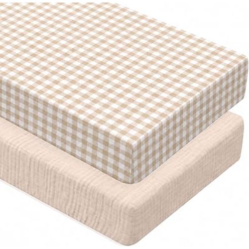 Breling 2 Pcs Muslin Khaki and Khaki Gingham Crib Sheets Netural, 52"X 28"