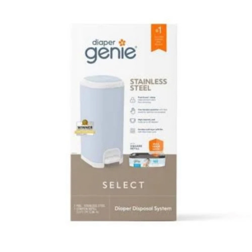 Diaper Genie Select Pail (Blue) is Made of Durable Stainless Steel and Includes 1 Starter Square Refill That can Hold up to 165 Newborn-Sized Diapers.