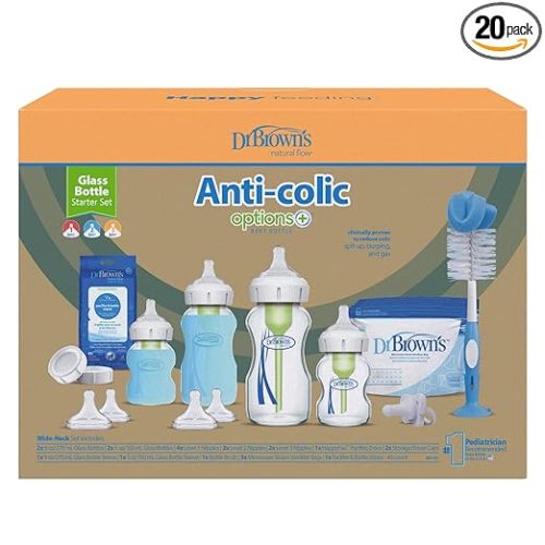 Dr. Brown's Natural Flow Anti-Colic Options+ Wide-Neck Glass Baby Bottle Starter Set with 100% Silicone Glass Bottle Sleeves, Baby Bottle Brush, Prevent Pacifier and Pacifier and Bottle Wipes