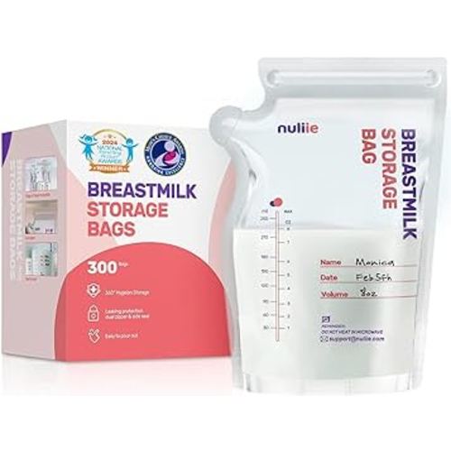 Nuliie 300 Pcs Breastmilk Storage Bags, 8 OZ Breast Milk Storing Bags, BPA-Free, Milk Storage Bags with Pour Spout for Breastfeeding, Self-Standing Bag, Space Saving Flat Profile