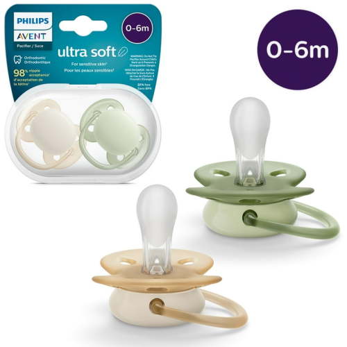 Philips Avent Ultra Soft Pacifier 0-6M, Sand / Pastel Warm Green, 2 Pack SCF091/05