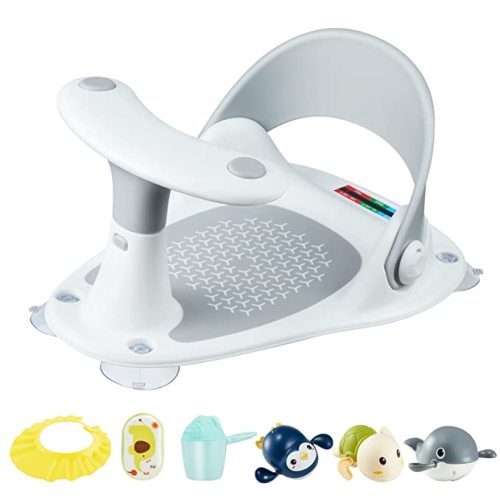 Baby Bath Seat [Original] – 3 Bath Toys + Shower Cap + Bath Brush + Thermometer + Rinse Cup – 4 Anti-Slip Suction Cups – Soft Silicone Cushion – Foldable Design – Ideal Gift for Infants 6-36 Months! - White