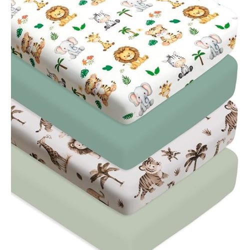 4 Pack Safari Jungle Animals Baby Sheets Neutral Unisex Fitted Lion Nursery Baby Sheet Set Toddler Mattress Sheets for Boys or Girls (Crib Sheets)