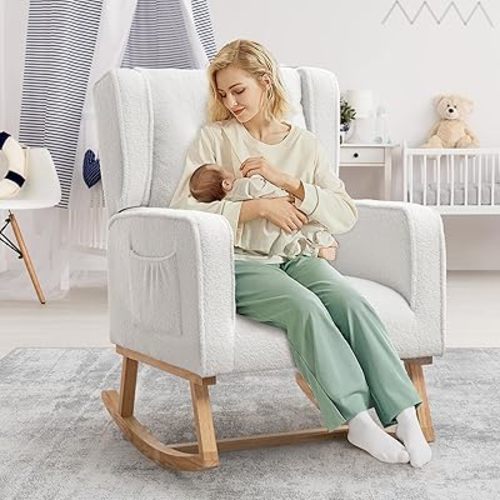 Nursery Rocking Chair, Rocking Chair with Side Pocket for Nursery, Upholstered High bakcrest Rocker for Living Room, Bedroom (Teddy, White)