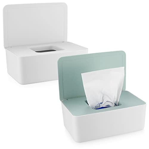 XhjzgcTech 2Pcs Diaper Wipes Dispenser, Refillable Wipe Container, Wipe Container with Sealing Design Lid, Keep Wipes Fresh,Wet Wipes Cases (White/Green)