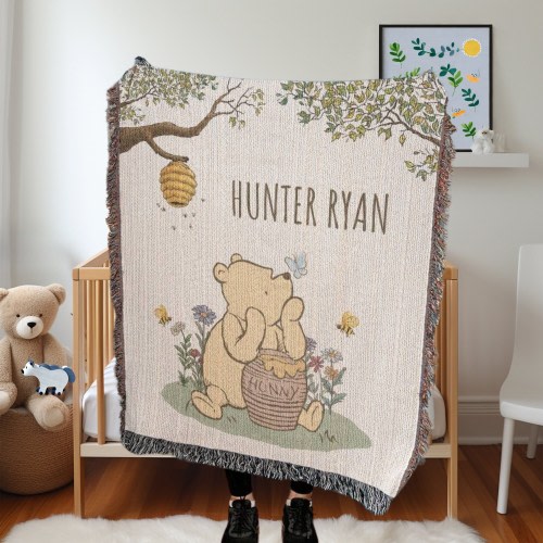 Custom Winnie the Pooh woven baby blanket, Pooh Bear Baby Shower Gift, Classic Pooh Bear Gift, New Mom baby newborn gift, baby kids name