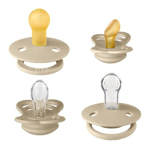 BIBS Try-It Collection | 4-Pack Soothers | BPA-Free Round, Anatomical & Symmetrical Nipple | Natural Rubber Latex/Silicone | Made in Denmark | 0-6 Months | Vanilla