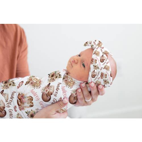 PERSONALIZED WESTERN BOHO Baby Girl Floral Swaddle Set, Floral Girl Boho Swaddle Blanket, Baby Tie Knot Headband, Cowgirl Baby Name Swaddle
