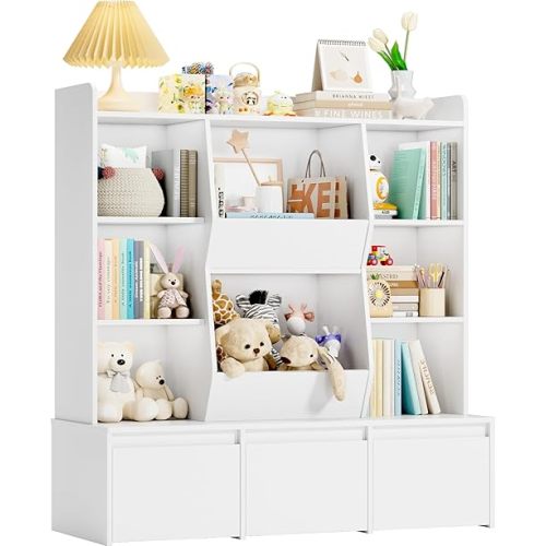 Large Toy Storage Cabinet, Kids Bookshelf with 3 Movable Drawers, Toy Storage Organizer with Bookshelves, Toddler Bookcase Storage Cabinet for Playroom, Living Room