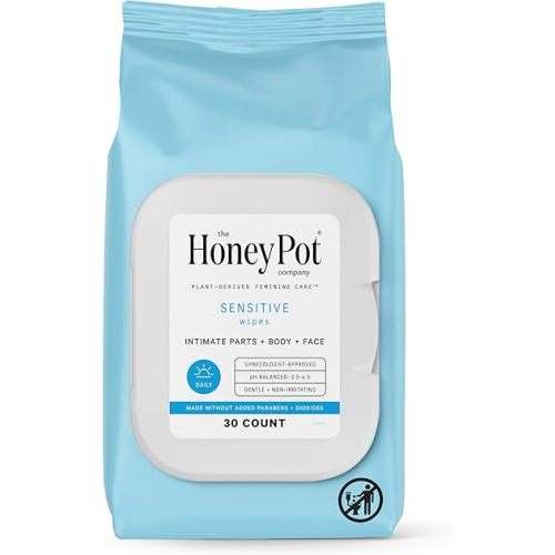 The Honey Pot Company - Feminine Wipes - Daily PH Balancing, Fragrance & Sulfate Free Wipes for Intimate Parts, Body, or Face - Hygiene Products - Sensitive 30 ct