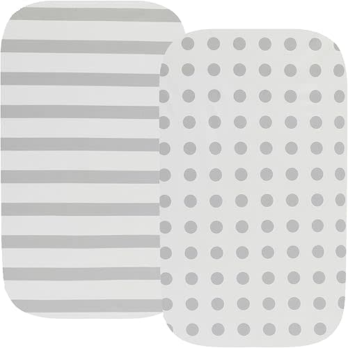 Waterproof Bassinet Sheets, No Need for Bassinet Mattress Pad Cover, 2 Pack Stretch Jersey Knit Super Soft fit for Cradle Oval Rectangle Hourglass Mattress Grey Stripes & Polka Dots