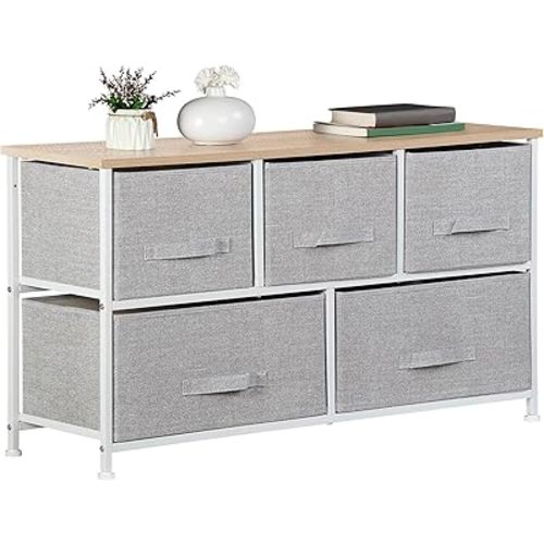 SUPER DEAL 5 Drawer Dresser for Bedroom Fabric Chest of Drawers for Closet Wide Clothes Storage Organizer with Heavy Duty Steel Frame and Wood Top, Light Grey