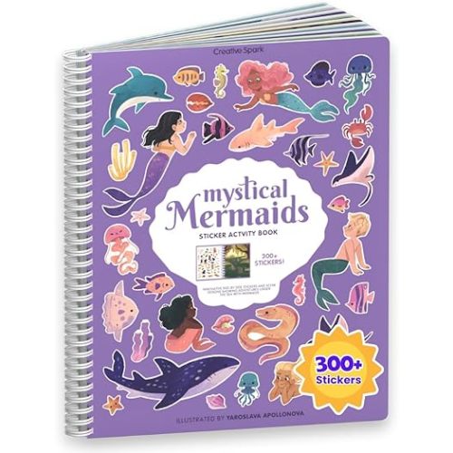 CUPKIN Mermaid Stickers, Toddler Sticker Book for Kids, Fun Mermaid Toy, Toddler Road Trip Essentials, 300+ Girly Stickers + 8 Sticker Scenes and Coloring Pages, Mermaid Stickers Ages 2+