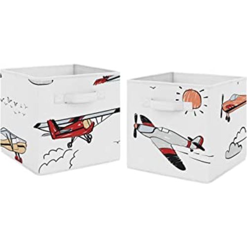 Sweet Jojo Designs Vintage Airplane Foldable Fabric Storage Cube Bins Boxes Organizer Toys Kids Baby Childrens - Set of 2 - Grey Yellow Orange Red White Blue Airplanes Air Plane Transportation Clouds