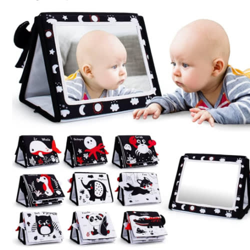 Tummy Time Mirror, Baby Tummy Time Toys with Soft Book, Black and White High Contrast Baby Toys, 3D Activity Sensory Montessori Toys Crawling Mat