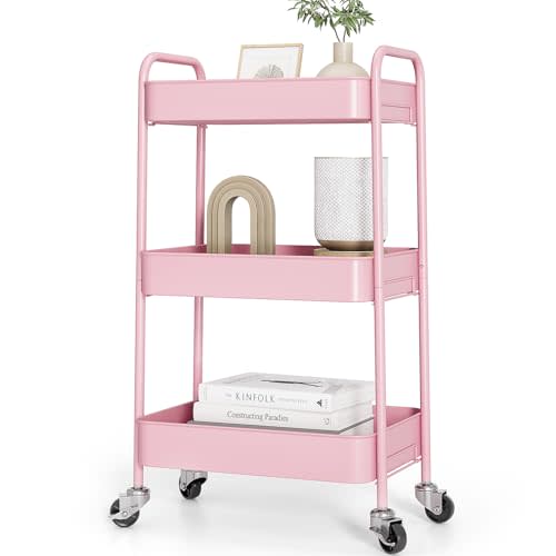 TOOLF 3-Tier Metal Rolling Cart with Wheels, Storage Utility Organizer Cart for Kitchen, Bathroom, Office, Baby Essentials & Makeup - Lockable Casters, Easy Assembly, 132 lbs Capacity, Pink