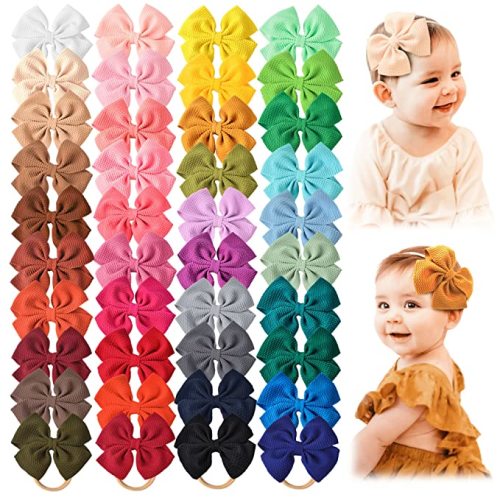 Prohouse 40 PCS Big Bows Baby Headbands Nylon Hairbands Baby Bows Elastics for Baby Girls Newborn Infant Toddler Child Hair Accessories - Green