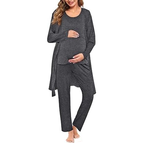 SWOMOG Maternity Nursing Robe Set 3 Piece Women Postpartum Pajamas Breastfeeding Hospital Labor Delivery Pregnancy Pjs