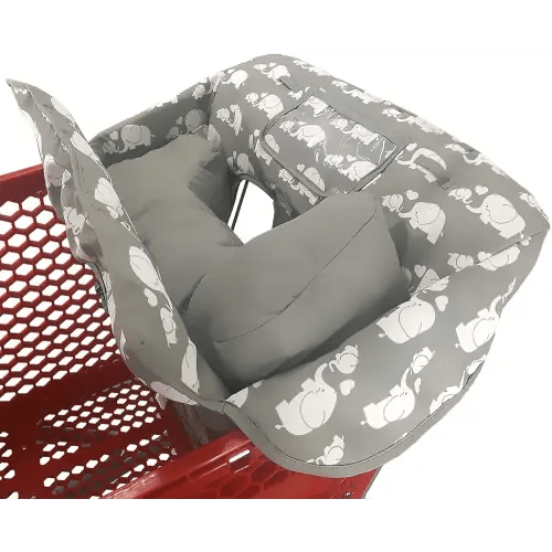 Soft Pillow Attached 2-in-1 Shopping Cart and High Chair Cover for Baby, Cotton Padded Cart Cover, Fold'n Roll Style, Portable with Carry Bag (Elephant)