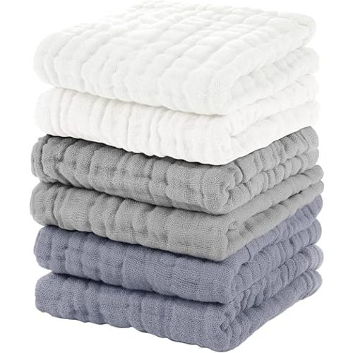 Muslin Baby Washcloths 6 Pack, 100% Cotton Wash Cloths for Babies, Large 12''X12'' Burp Cloths Absorbent and Soft for Newborn Infants Kids Boys Girls - White Gray