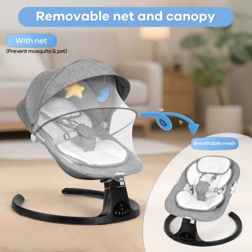 Kmaier Baby Electric Swing, Baby Rocker, 5 Speed And 10 Lullabies, Newborn Swing,Adapter And Battery PoweredRemote Control-Grey.